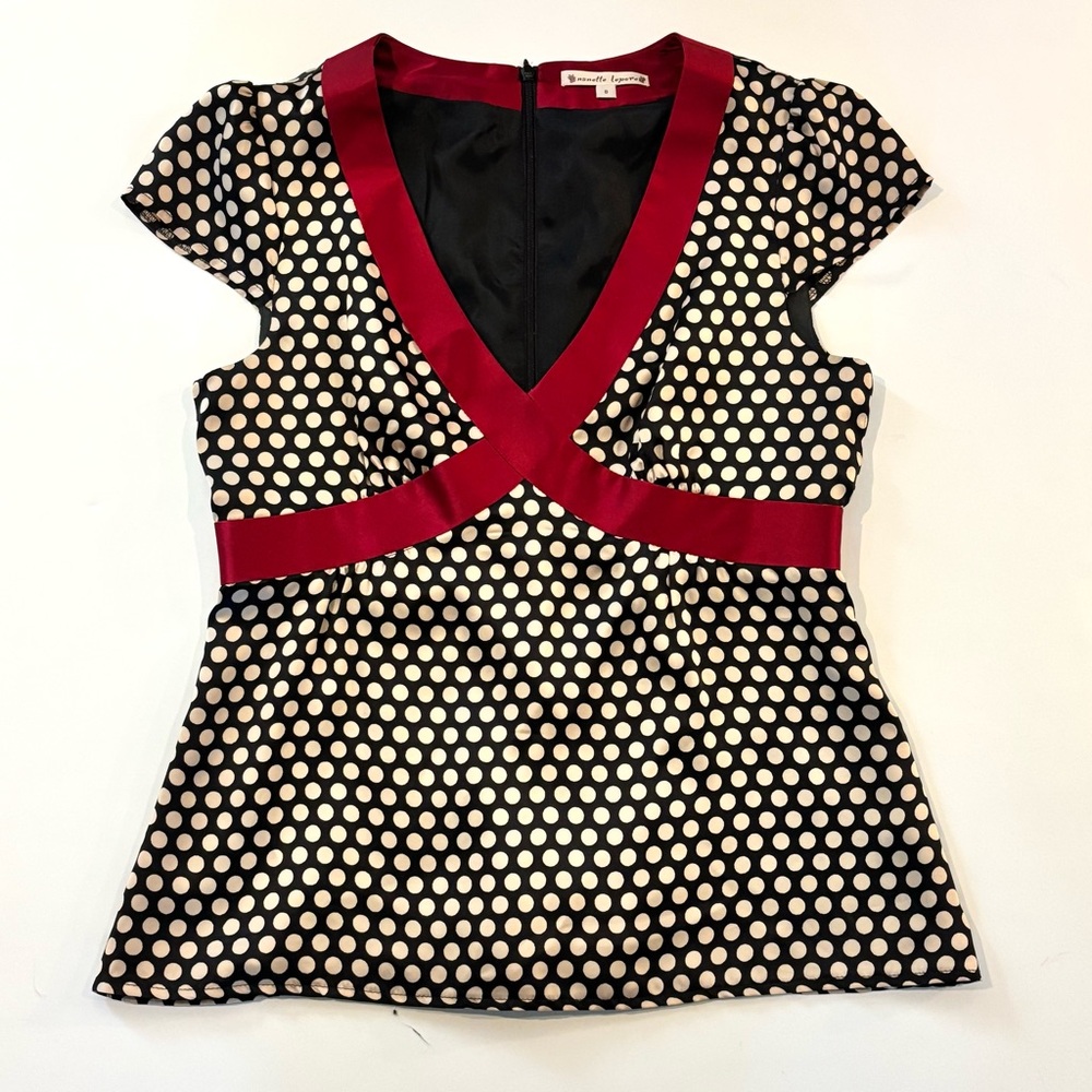 Nanette Lepore Black and Cream Polka Dot Blouse with Red Trim